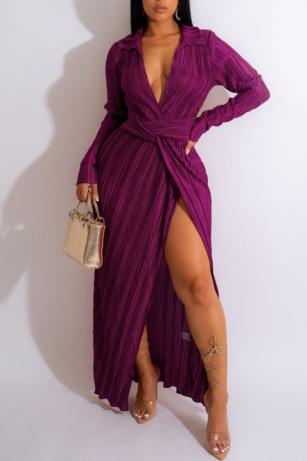 Purple Sexy Solid Patchwork Slit Fold V Neck Straight Dresses