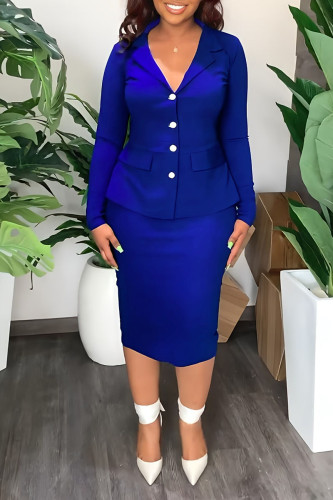 Blue Casual Work Solid Patchwork Buttons Turn-back Collar Long Sleeve Two Pieces