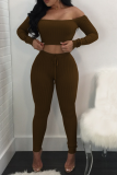 Coffee Sexy Solid Patchwork Off the Shoulder Long Sleeve Two Pieces