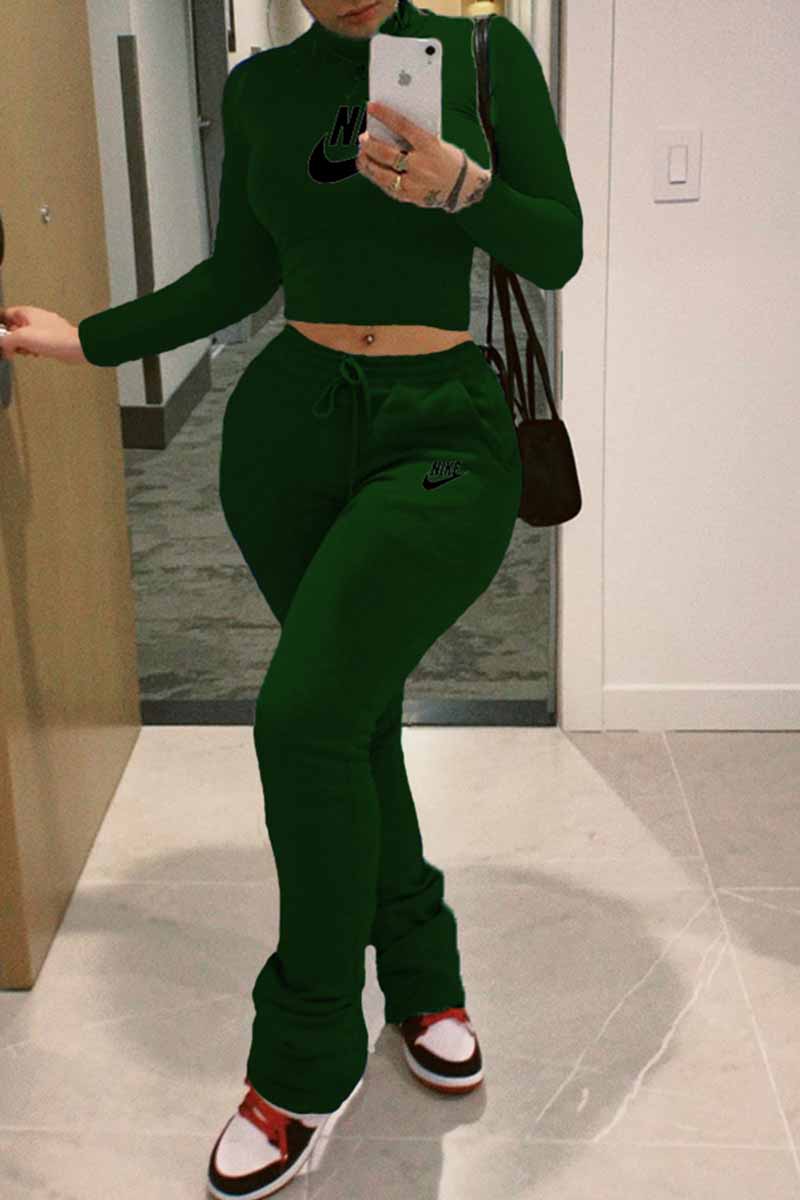 

Ink Green Street Print Letter O Neck Long Sleeve Two Pieces