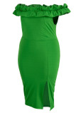 Groene sexy effen patchwork spleet vouw uit de schouder een stap rok plus size jurken