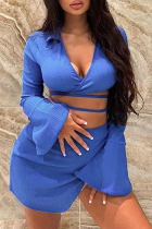 Blue Sexy Solid Hollowed Out Turndown Collar Long Sleeve Two Pieces