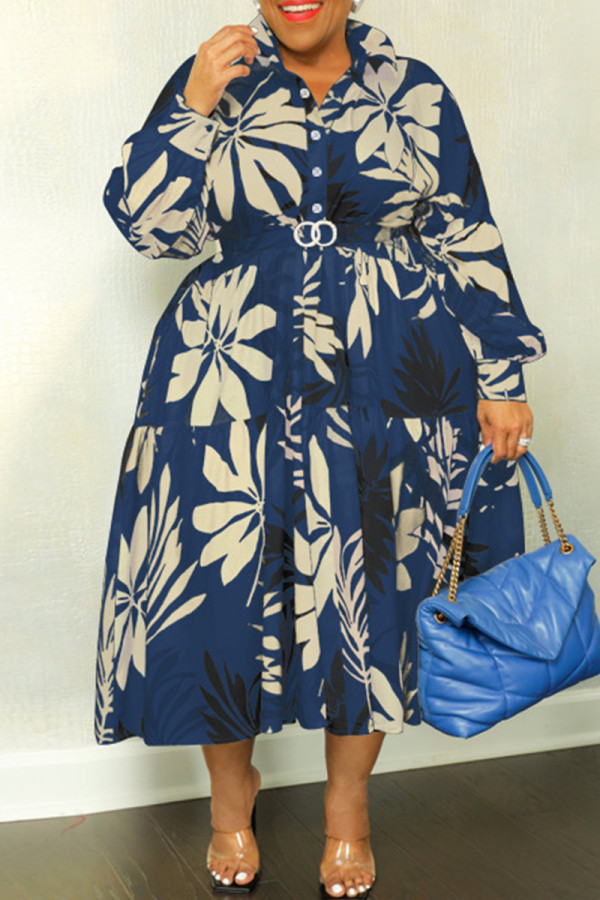 ブルー カジュアル プリント パッチワーク ターンダウン カラー ロング スリーブ プラス サイズ ドレス
