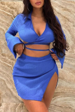 Blue Sexy Solid Hollowed Out Turndown Collar Long Sleeve Two Pieces