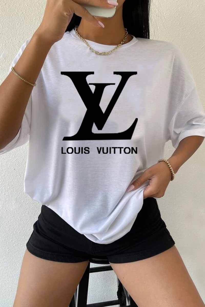 

White Casual Print Letter O Neck T-Shirts