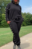 Black Casual Solid Pearl Hooded Collar Long Sleeve Two Pieces Tracksuit Sets Sweat Suit