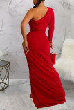 Vestido de noche de cuello oblicuo con pliegues de patchwork sólido sexy rojo Vestidos