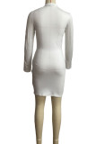 ホワイト カジュアル プリント パッチワーク ハーフ A タートルネック ペンシル スカート ドレス
