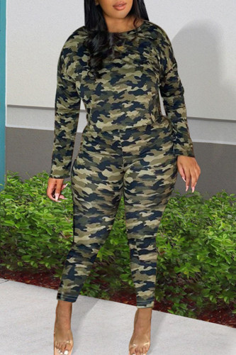 Camouflage Casual Print Camouflage Print Patchwork O Neck Long Sleeve Two Pieces