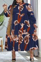 Тибетско-синие повседневные платья в стиле пэчворк с круглым вырезом и длинным рукавом Платья больших размеров