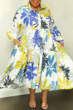 Green Casual Print Patchwork Turndown Collar Long Sleeve Plus Size Dresses