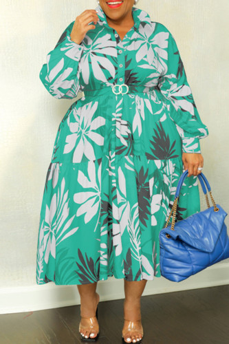 Green Casual Print Patchwork Turndown Collar Long Sleeve Plus Size Dresses