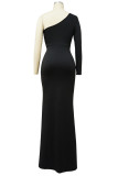 Black Sexy Solid Patchwork Fold Oblique Collar Evening Dress Dresses