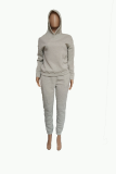 Grey Casual Solid Pearl Hooded Collar Long Sleeve Two Pieces Tracksuit Sets Sweat Suit