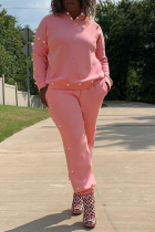 Roze Casual Solid Pearl Hooded Kraag Lange mouw Tweedelig
