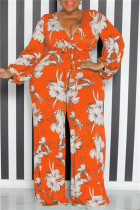 Oranje Casual Print Patchwork V-hals Plus Size Jumpsuits