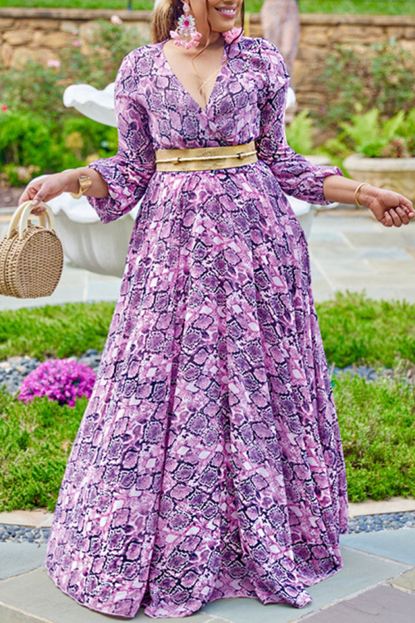 Púrpura Casual Estampado dulce Patchwork Cuello en V Tallas grandes Vestidos