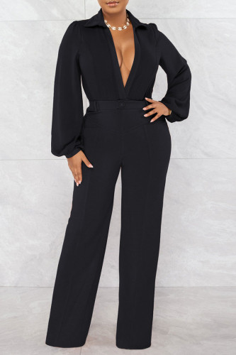 Black Sexy Solid Patchwork V Neck Straight Jumpsuits