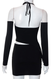 Black Sexy Solid Hollowed Out Halter Long Sleeve Two Pieces