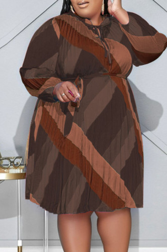 Coffee Casual Print Bandage Patchwork Fold O Neck Straight Plus Size Dresses