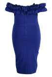 Vestidos de talla grande con falda de un solo paso y hombros descubiertos con abertura en el retazos de color sólido sexy azul