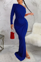Colorful Blue Sexy Solid Patchwork Fold Oblique Collar Evening Dress Dresses