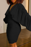 Black Casual Street Solid Patchwork Fold Asymmetrical V Neck One Step Skirt Dresses