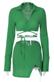 Green Sexy Solid Hollowed Out Turndown Collar Long Sleeve Two Pieces