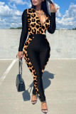 Leopardenmuster Mode Casual Print Patchwork Reißverschluss Kragen Skinny Jumpsuits