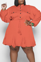 オレンジ カジュアル ソリッド パッチワーク バックル フォールド ターンダウン カラー ストレート プラスサイズ ドレス