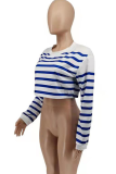 Blue Casual Striped Patchwork O Neck Tops
