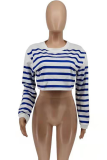 Blue Casual Striped Patchwork O Neck Tops
