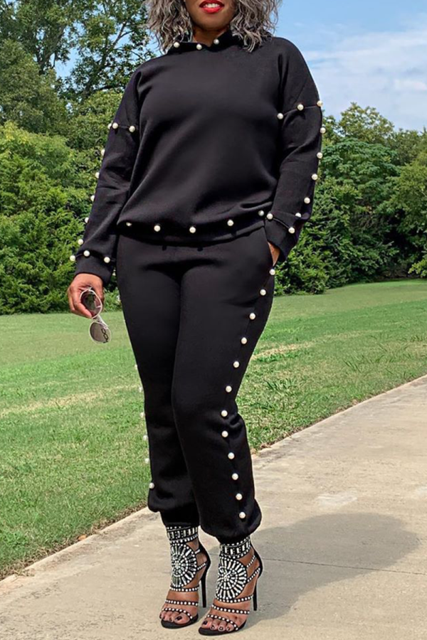 Black Casual Solid Pearl Hooded Collar Long Sleeve Two Pieces Tracksuit Sets Sweat Suit