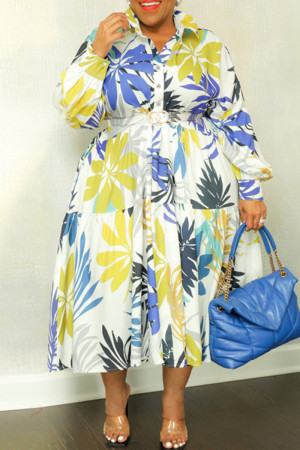 White Casual Print Patchwork Turndown Collar Long Sleeve Plus Size Dresses