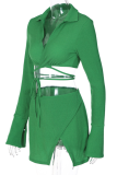 Green Sexy Solid Hollowed Out Turndown Collar Long Sleeve Two Pieces