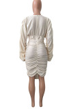 Black Casual Street Solid Patchwork Fold Asymmetrical V Neck One Step Skirt Dresses