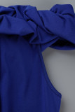 Bleu Sexy Solide Patchwork Fente Pli De L'épaule Une Étape Jupe Plus La Taille Robes