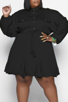 ブラック カジュアル ソリッド パッチワーク バックル フォールド ターンダウン カラー ストレート プラスサイズ ドレス
