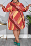 Couleur Casual Print Bandage Patchwork Fold O Neck Straight Plus Size Robes