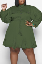 Армейский зеленый повседневное однотонное платье в стиле пэчворк с пряжкой и отложным воротником, прямые платья больших размеров