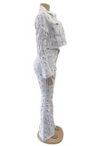 White Casual Solid Ripped Patchwork Turndown Collar Long Sleeve Two Pieces
