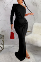 ブラック セクシー ソリッド パッチワーク フォールド オブリーク カラー イブニングドレス ドレス