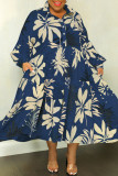 Robes de grande taille bleues à imprimé patchwork col rabattu manches longues