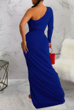 Kleurrijke blauwe sexy effen patchwork vouw schuine kraag avondjurk jurken