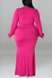 Rose Red Elegant Solid Patchwork V Neck Long Sleeve Plus Size Dresses