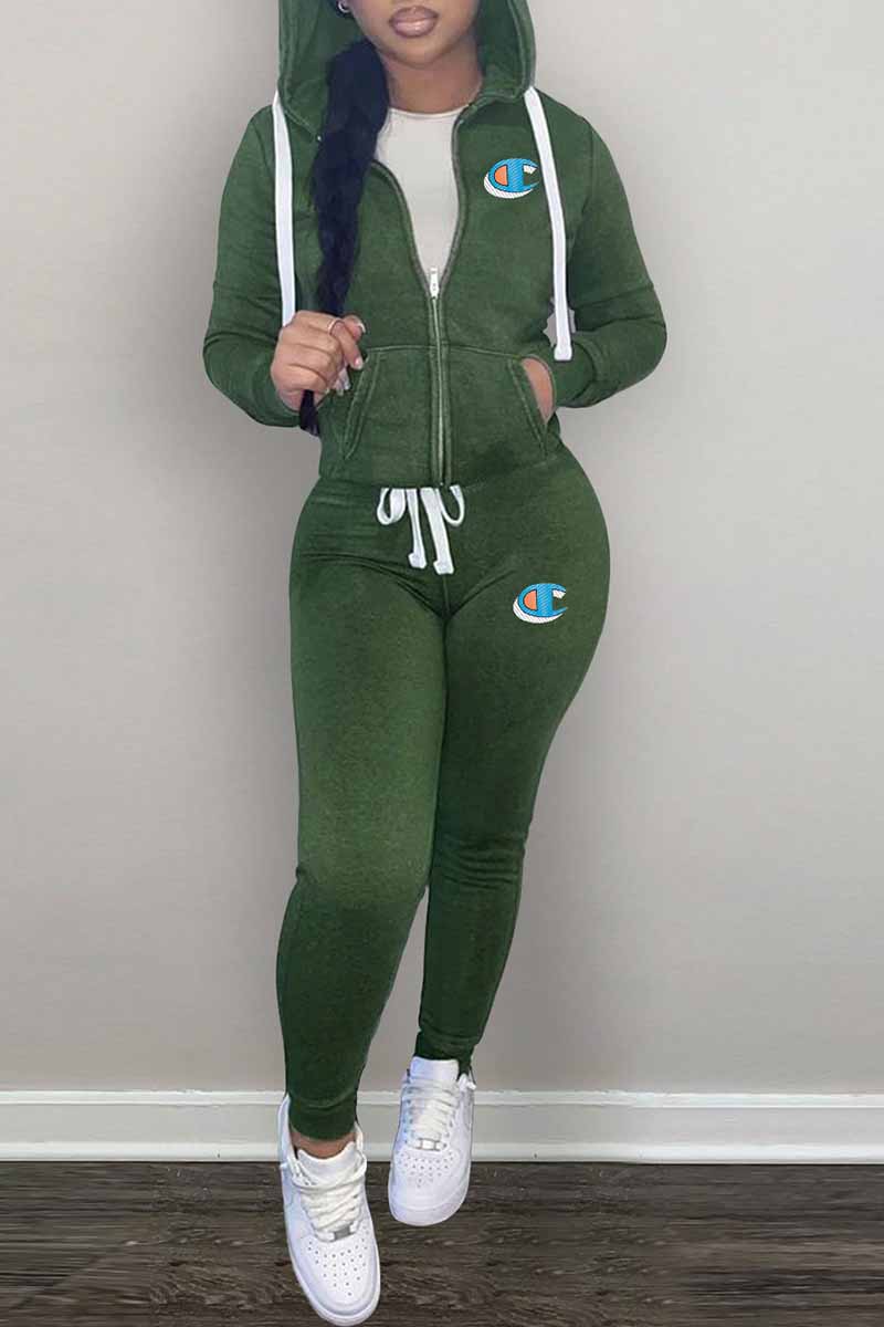 

Green Casual Print Patchwork Hooded Collar Long Sleeve Two Pieces