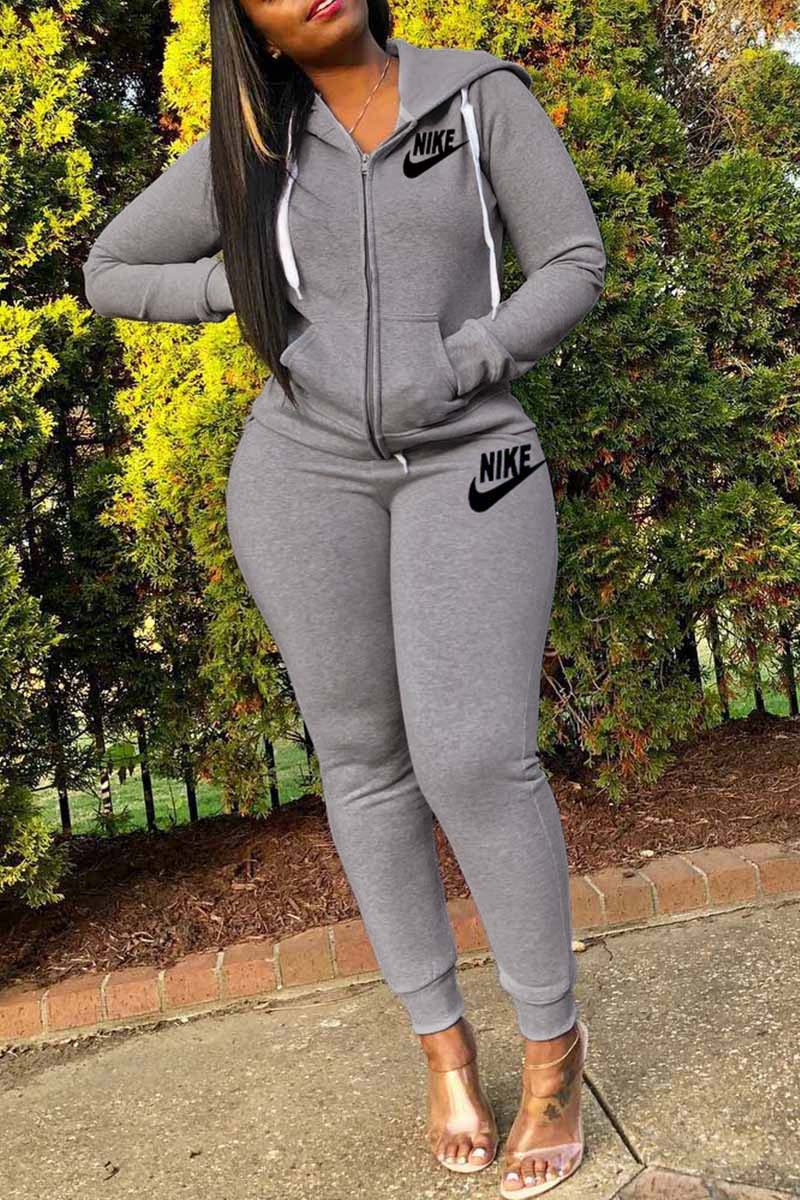 

Grey Street Print Letter Hooded Collar Long Sleeve Two Pieces