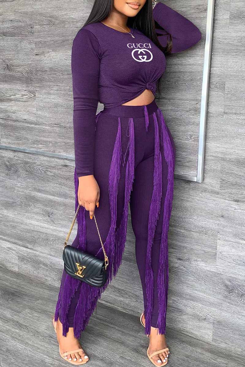 

Purple Casual Print Tassel Letter O Neck Long Sleeve Two Pieces