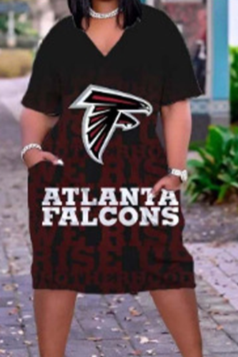 Black Red Casual New Orleans Saints Print O Neck Shorts Sleeve Plus Size Texans Jersey A Line Midi T-shirt Dress