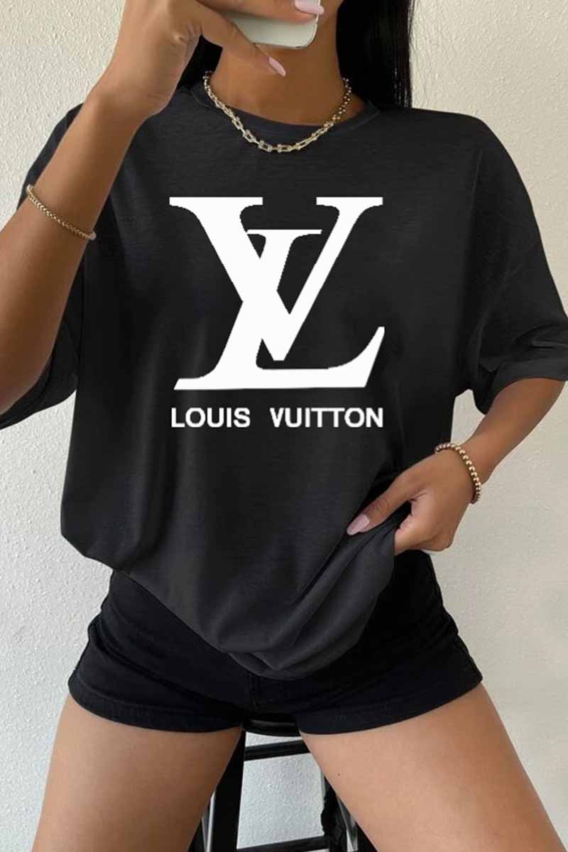 

Black Casual Print Letter O Neck T-Shirts